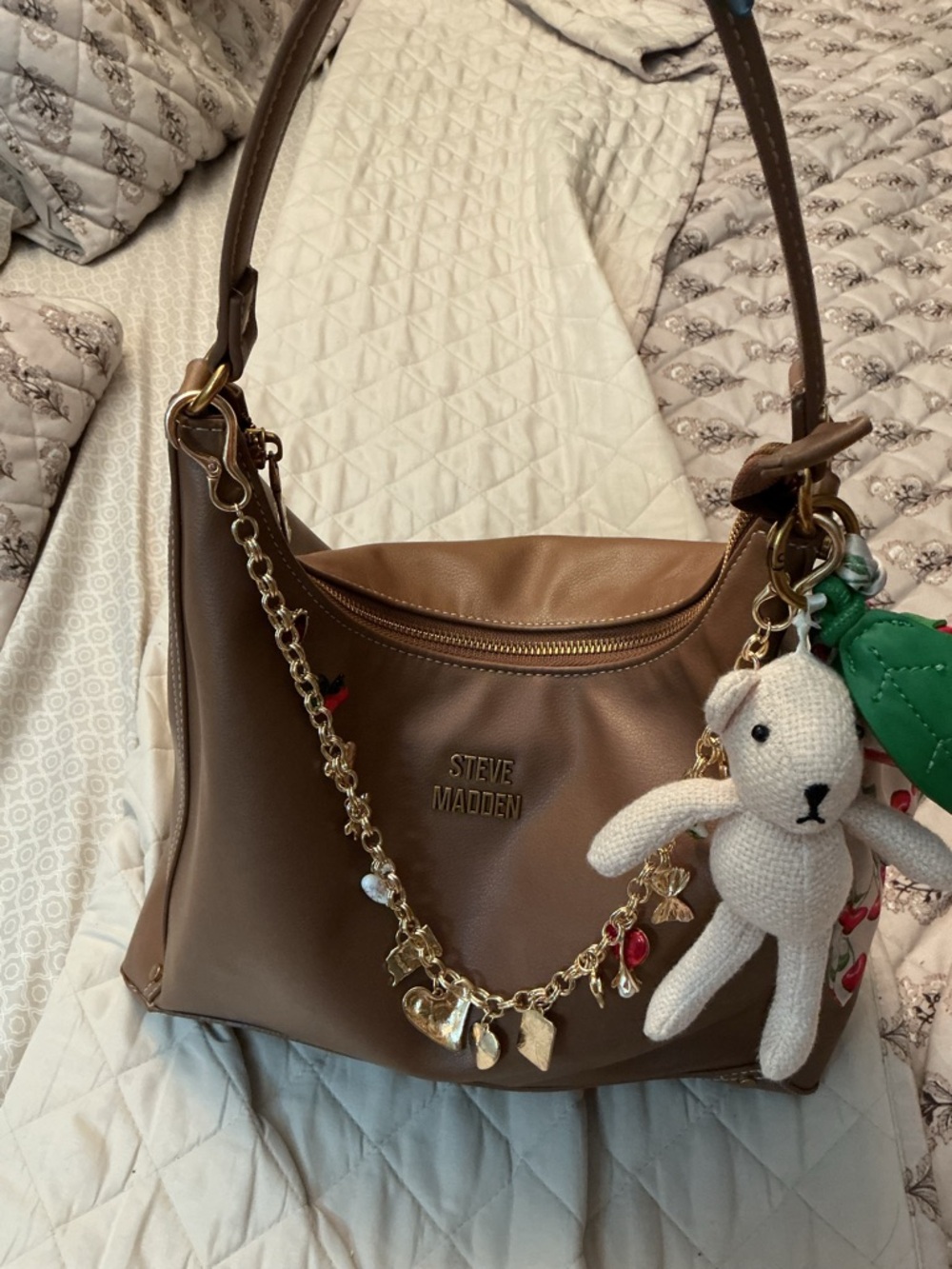Steve Madden Brown Shoulder Bag with Gold Charm Chain and Teddy